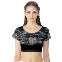 6-white-line-black-background-classic-car-original-handmade-drawing-pablo-franchi Short Sleeve Crop Top by blackdaisy