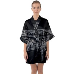 6-white-line-black-background-classic-car-original-handmade-drawing-pablo-franchi Half Sleeve Satin Kimono  by blackdaisy