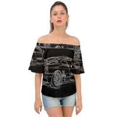 6-white-line-black-background-classic-car-original-handmade-drawing-pablo-franchi Off Shoulder Short Sleeve Top