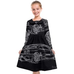 6-white-line-black-background-classic-car-original-handmade-drawing-pablo-franchi Kids  Midi Sailor Dress by blackdaisy