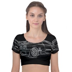 6-white-line-black-background-classic-car-original-handmade-drawing-pablo-franchi Velvet Short Sleeve Crop Top  by blackdaisy