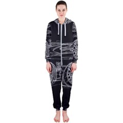 6-white-line-black-background-classic-car-original-handmade-drawing-pablo-franchi Hooded Jumpsuit (ladies)  by blackdaisy