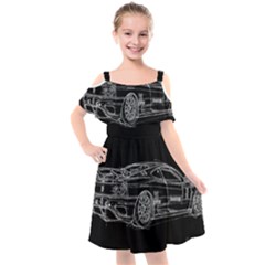 6-white-line-black-background-classic-car-original-handmade-drawing-pablo-franchi Kids  Cut Out Shoulders Chiffon Dress by blackdaisy