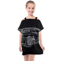 6-white-line-black-background-classic-car-original-handmade-drawing-pablo-franchi Kids  One Piece Chiffon Dress by blackdaisy