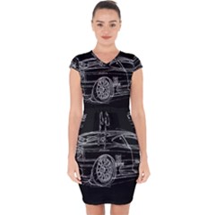 6-white-line-black-background-classic-car-original-handmade-drawing-pablo-franchi Capsleeve Drawstring Dress  by blackdaisy