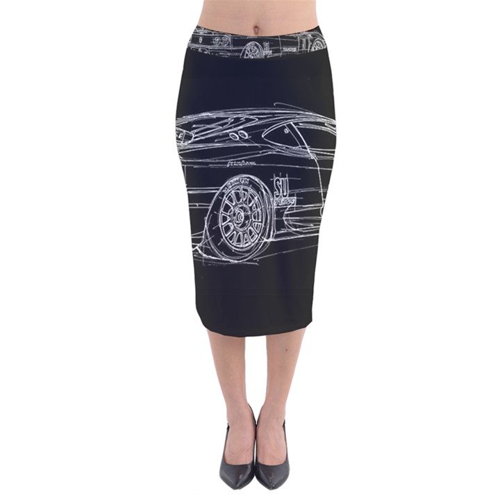 6-white-line-black-background-classic-car-original-handmade-drawing-pablo-franchi Velvet Midi Pencil Skirt