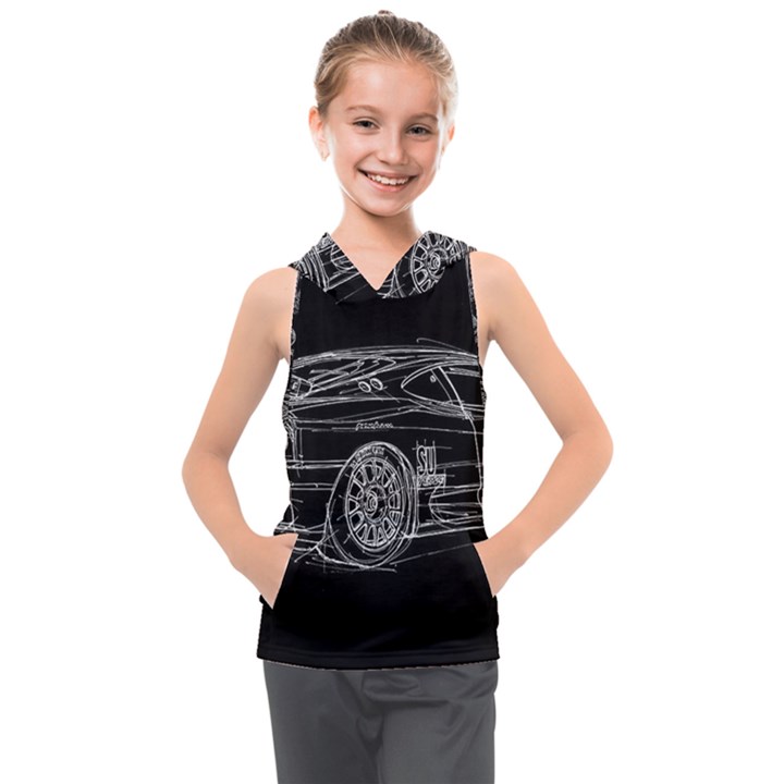 6-white-line-black-background-classic-car-original-handmade-drawing-pablo-franchi Kids  Sleeveless Hoodie