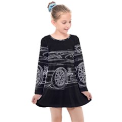 6-white-line-black-background-classic-car-original-handmade-drawing-pablo-franchi Kids  Long Sleeve Dress by blackdaisy