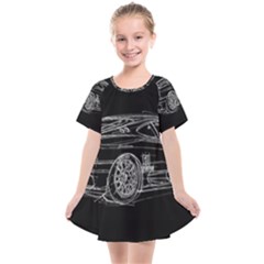 6-white-line-black-background-classic-car-original-handmade-drawing-pablo-franchi Kids  Smock Dress by blackdaisy