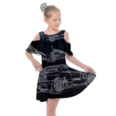 6-white-line-black-background-classic-car-original-handmade-drawing-pablo-franchi Kids  Shoulder Cutout Chiffon Dress by blackdaisy