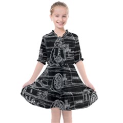 6-white-line-black-background-classic-car-original-handmade-drawing-pablo-franchi Kids  All Frills Chiffon Dress by blackdaisy