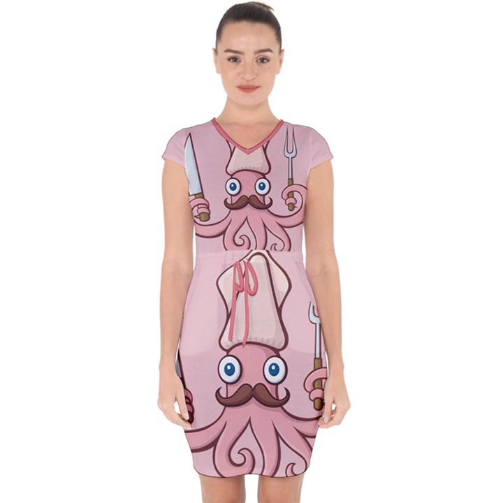 Squid Chef Cartoon Capsleeve Drawstring Dress 