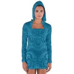 Cerulean Blue Spirals Long Sleeve Hooded T-shirt by SpinnyChairDesigns