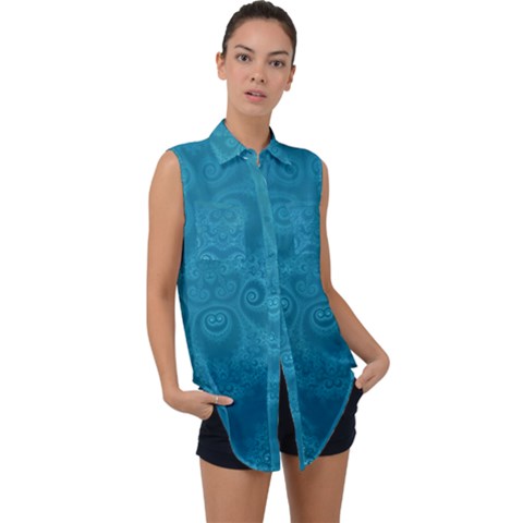 Cerulean Blue Spirals Sleeveless Chiffon Button Shirt by SpinnyChairDesigns