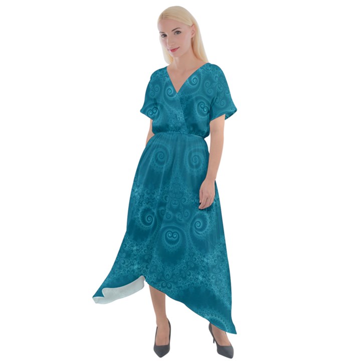 Cerulean Blue Spirals Cross Front Sharkbite Hem Maxi Dress