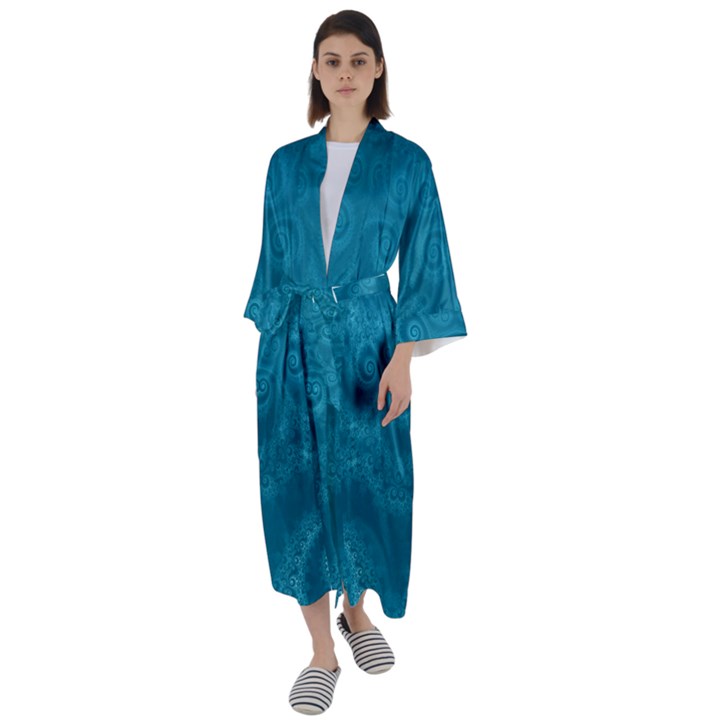 Cerulean Blue Spirals Maxi Satin Kimono