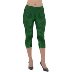 Emerald Green Spirals Lightweight Velour Capri Leggings  by SpinnyChairDesigns