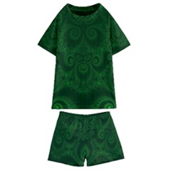 Emerald Green Spirals Kids  Swim Tee And Shorts Set by SpinnyChairDesigns