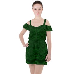 Emerald Green Spirals Ruffle Cut Out Chiffon Playsuit by SpinnyChairDesigns