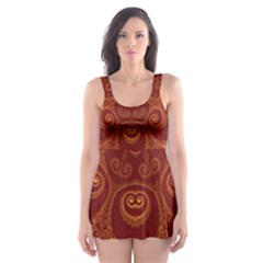 Red And Gold Spirals Skater Dress Swimsuit by SpinnyChairDesigns