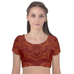 Red And Gold Spirals Velvet Short Sleeve Crop Top  by SpinnyChairDesigns