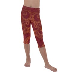 Red And Gold Spirals Kids  Lightweight Velour Capri Leggings  by SpinnyChairDesigns