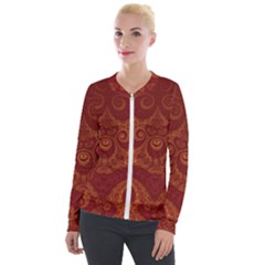 Red And Gold Spirals Velour Zip Up Jacket by SpinnyChairDesigns