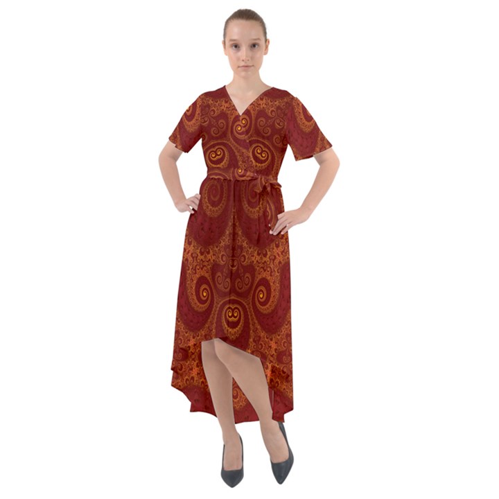 Red and Gold Spirals Front Wrap High Low Dress