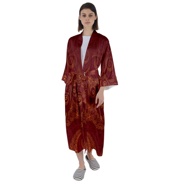 Red and Gold Spirals Maxi Satin Kimono