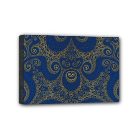 Navy Blue And Gold Swirls Mini Canvas 6  X 4  (stretched) by SpinnyChairDesigns