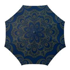 Navy Blue And Gold Swirls Golf Umbrellas by SpinnyChairDesigns