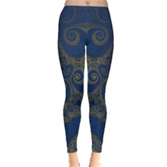 Navy Blue And Gold Swirls Leggings  by SpinnyChairDesigns