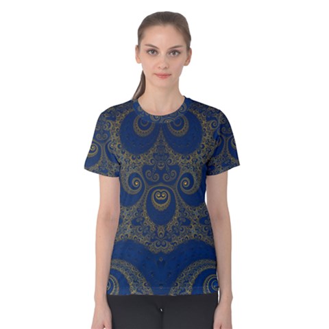 Navy Blue And Gold Swirls Women s Cotton Tee by SpinnyChairDesigns