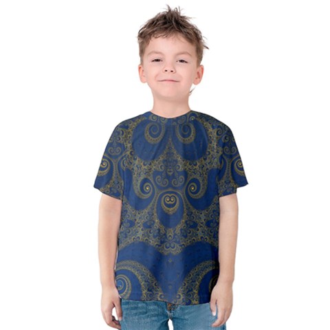 Navy Blue And Gold Swirls Kids  Cotton Tee by SpinnyChairDesigns