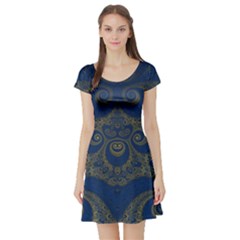 Navy Blue And Gold Swirls Short Sleeve Skater Dress by SpinnyChairDesigns