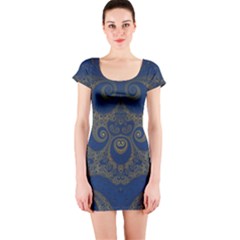 Navy Blue And Gold Swirls Short Sleeve Bodycon Dress by SpinnyChairDesigns