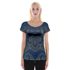 Navy Blue And Gold Swirls Cap Sleeve Top by SpinnyChairDesigns