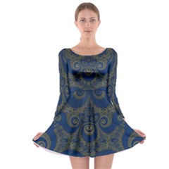 Navy Blue And Gold Swirls Long Sleeve Skater Dress by SpinnyChairDesigns