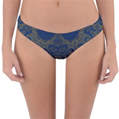 Navy Blue And Gold Swirls Reversible Hipster Bikini Bottoms by SpinnyChairDesigns