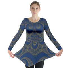 Navy Blue And Gold Swirls Long Sleeve Tunic  by SpinnyChairDesigns