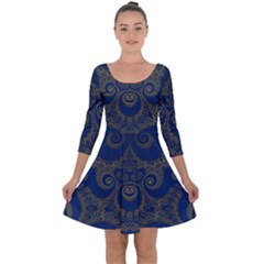 Navy Blue And Gold Swirls Quarter Sleeve Skater Dress by SpinnyChairDesigns