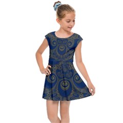 Navy Blue And Gold Swirls Kids  Cap Sleeve Dress by SpinnyChairDesigns