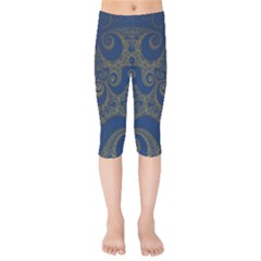 Navy Blue And Gold Swirls Kids  Capri Leggings  by SpinnyChairDesigns