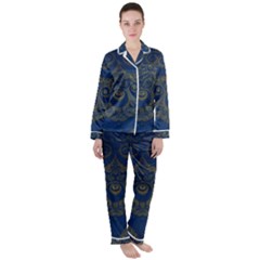 Navy Blue And Gold Swirls Satin Long Sleeve Pyjamas Set by SpinnyChairDesigns