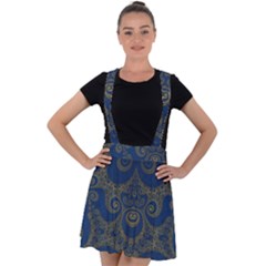 Navy Blue And Gold Swirls Velvet Suspender Skater Skirt by SpinnyChairDesigns