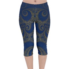 Navy Blue And Gold Swirls Velvet Capri Leggings  by SpinnyChairDesigns