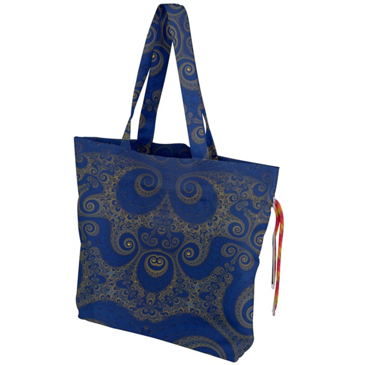 Navy Blue and Gold Swirls Drawstring Tote Bag