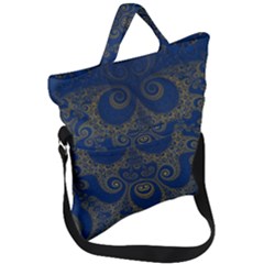 Navy Blue And Gold Swirls Fold Over Handle Tote Bag by SpinnyChairDesigns