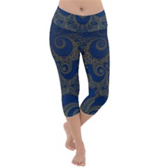 Navy Blue And Gold Swirls Lightweight Velour Capri Yoga Leggings by SpinnyChairDesigns