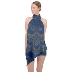 Navy Blue And Gold Swirls Halter Asymmetric Satin Top by SpinnyChairDesigns